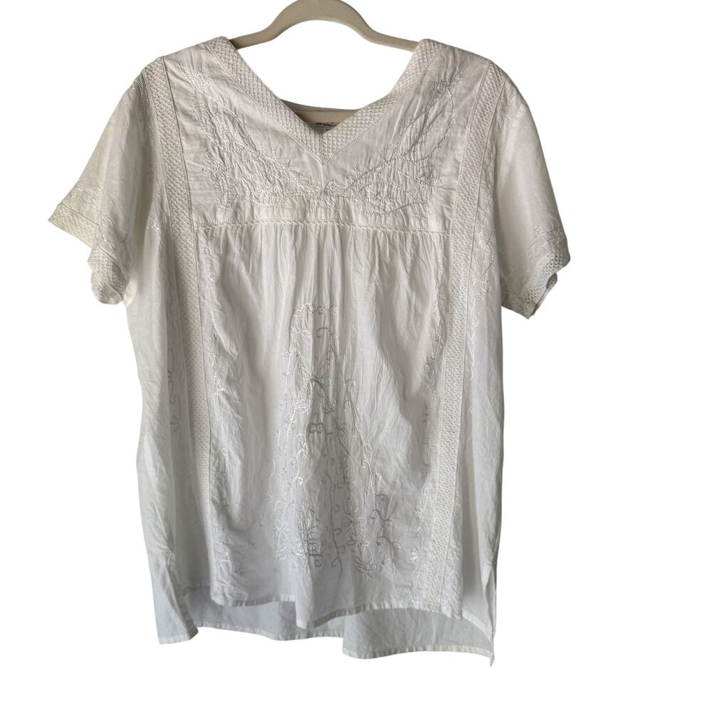 Chic Connection Peasant Shirt 1X‎ White Embroidered Boho Short Sleeve Cotton